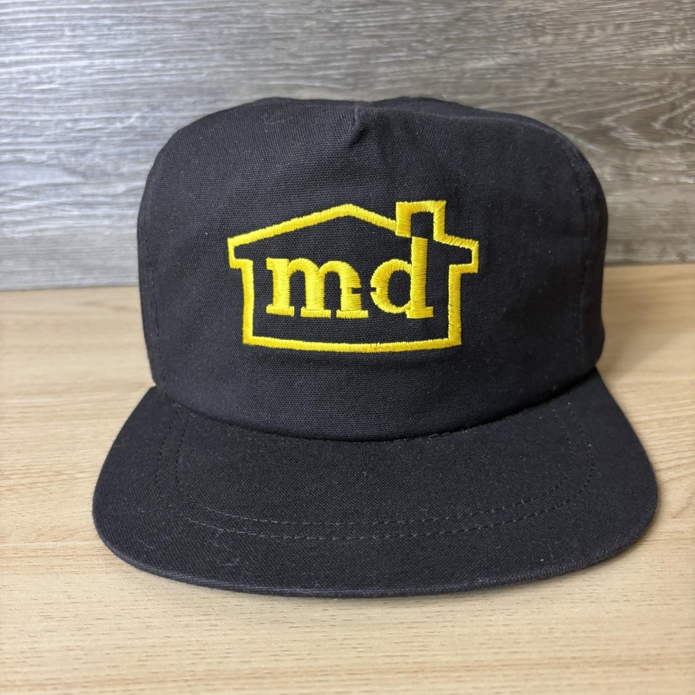 Vintage MD House Logo Hat Cap Strap Back Mens Black Leather Strap Embroidered